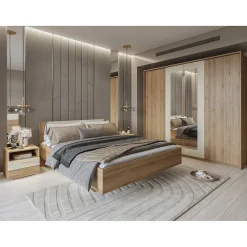 Lit VERTIGO 180x200 cm avec sommier inclus Chene sauvage et beige sable Pied de lit design