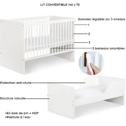 Lit évolutif Bébé Convertible En Lit Enfant Blanc 140x70