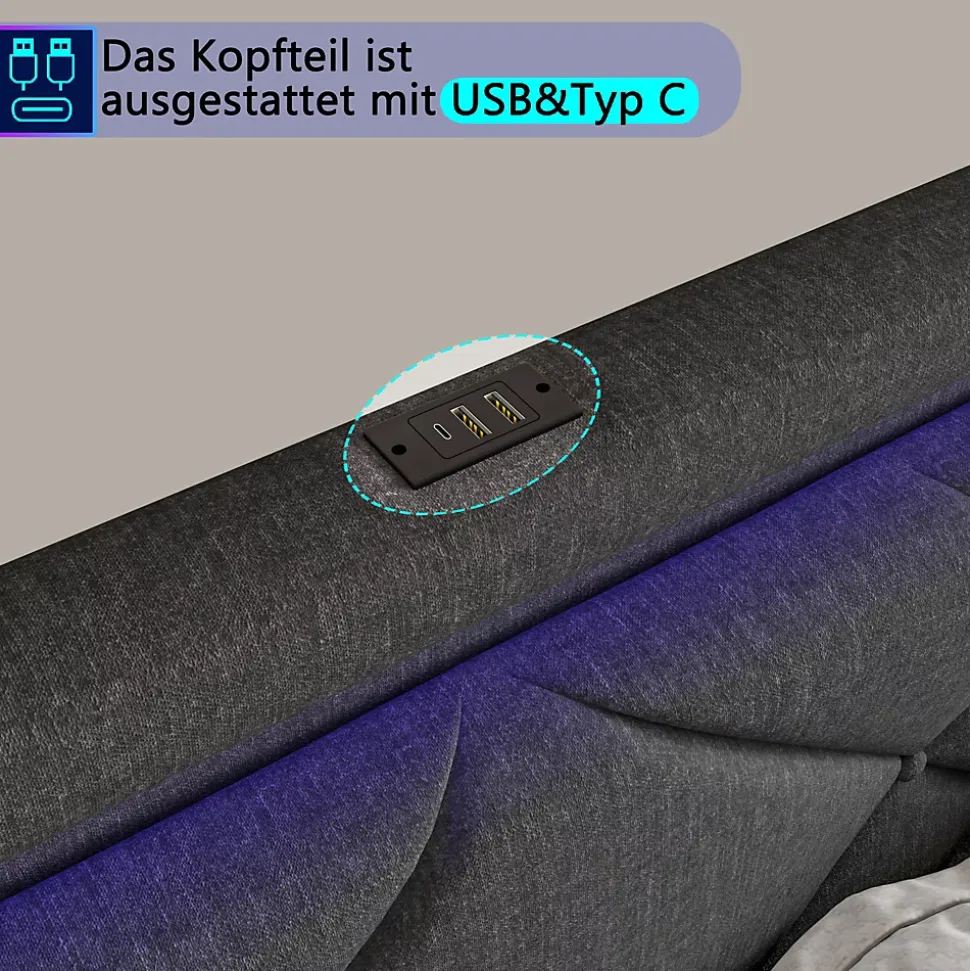 Lit 160x200 avec LED et USB, Lit Double avec à Lattes, Lit capitonné 160x200cm avec 4 tiroirs et Grand Rangement Lit, Gris