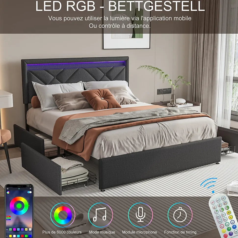 Lit 160x200 avec LED et USB, Lit Double avec à Lattes, Lit capitonné 160x200cm avec 4 tiroirs et Grand Rangement Lit, Gris