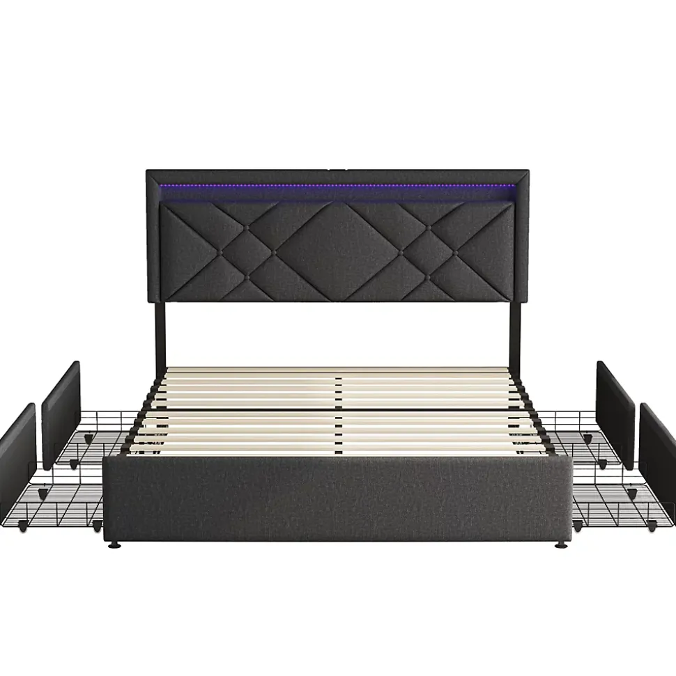 Lit 160x200 avec LED et USB, Lit Double avec à Lattes, Lit capitonné 160x200cm avec 4 tiroirs et Grand Rangement Lit, Gris