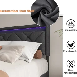 Lit 160x200 avec LED et USB, Lit Double avec à Lattes, Lit capitonné 160x200cm avec 4 tiroirs et Grand Rangement Lit, Gris
