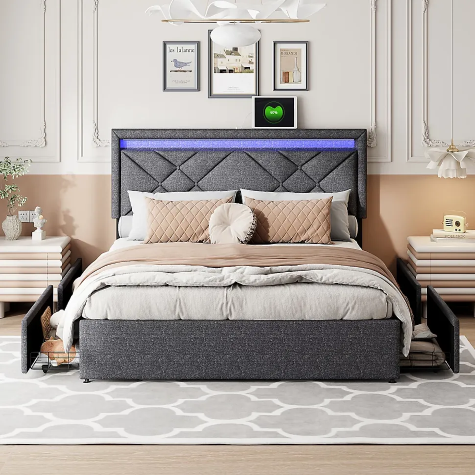 Lit 160x200 avec LED et USB, Lit Double avec à Lattes, Lit capitonné 160x200cm avec 4 tiroirs et Grand Rangement Lit, Gris