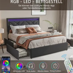 Lit 160x200 avec LED et USB, Lit Double avec à Lattes, Lit capitonné 160x200cm avec 4 tiroirs et Grand Rangement Lit, Gris