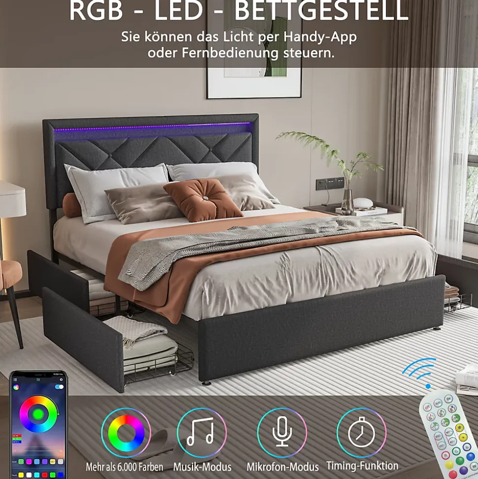 Lit 160x200 avec LED et USB, Lit Double avec à Lattes, Lit capitonné 160x200cm avec 4 tiroirs et Grand Rangement Lit, Gris