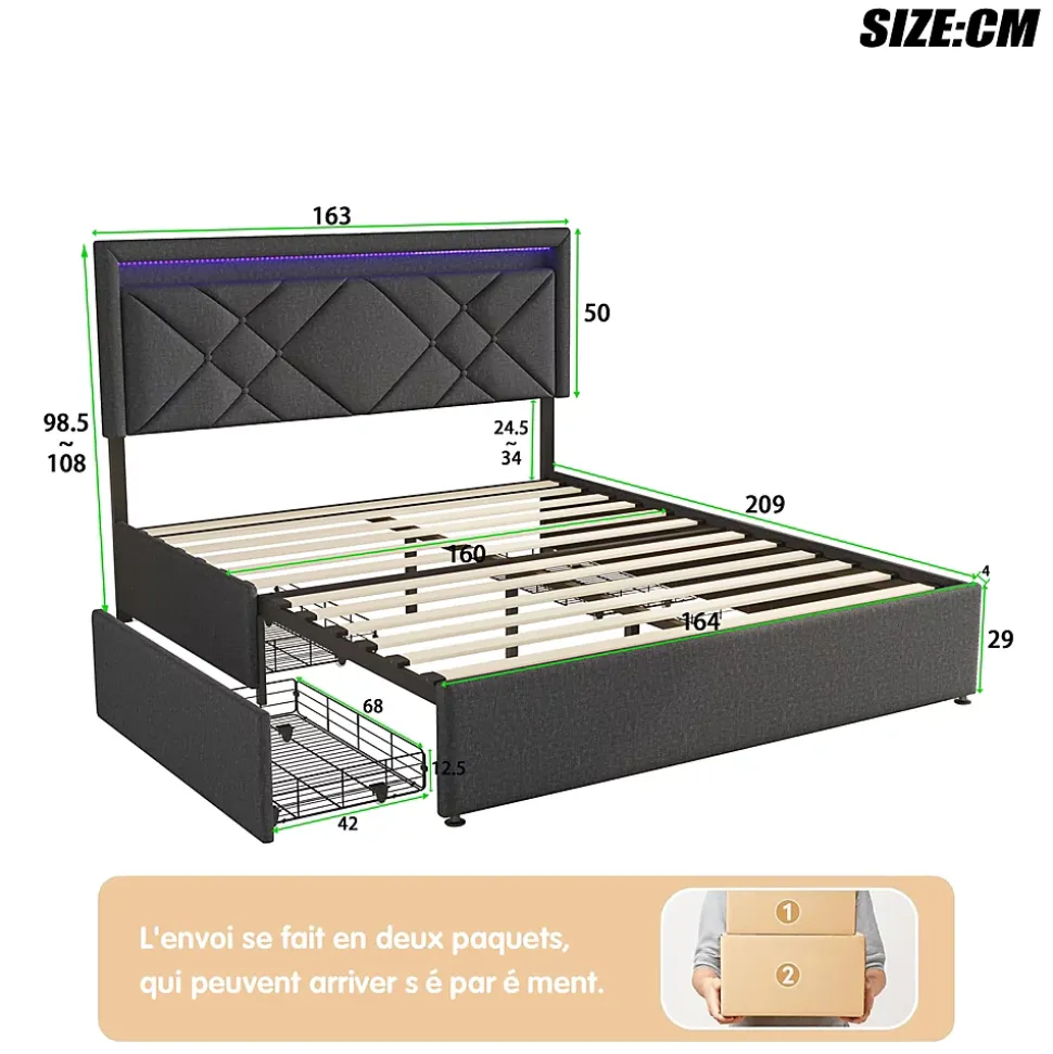 Lit 160x200 avec LED et USB, Lit Double avec à Lattes, Lit capitonné 160x200cm avec 4 tiroirs et Grand Rangement Lit, Gris