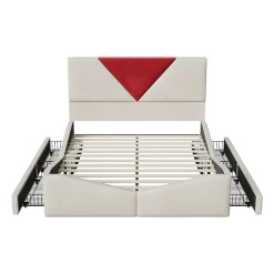 Lit 140x190 avec Rangements, Tête de Lit Bicolore Bordeaux, 2 Tiroirs, Design Moderne, Velours, Beige