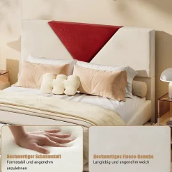 Lit 140x190 avec Rangements, Tête de Lit Bicolore Bordeaux, 2 Tiroirs, Design Moderne, Velours, Beige