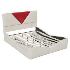 Lit 140x190 avec Rangements, Tête de Lit Bicolore Bordeaux, 2 Tiroirs, Design Moderne, Velours, Beige