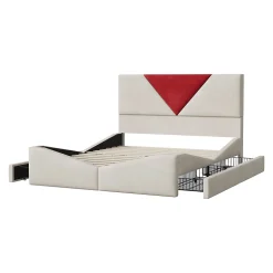 Lit 140x190 avec Rangements, Tête de Lit Bicolore Bordeaux, 2 Tiroirs, Design Moderne, Velours, Beige