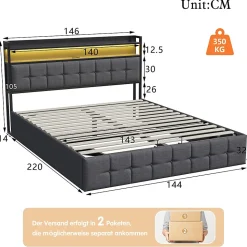 Lit 140x200 avec Sommier, Cadre de lit avec Éclairage LED et 2 Prises CA & 2 Ports USB,Tissu en Lin, Gris