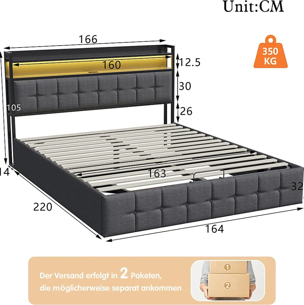 Lit 160x200 avec Sommier, Cadre de lit avec Éclairage LED et 2 Prises CA & 2 Ports USB,Tissu en Lin, Gris