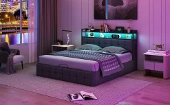 Lit 160x200 avec Sommier, Cadre de lit avec Éclairage LED et 2 Prises CA & 2 Ports USB,Tissu en Lin, Gris