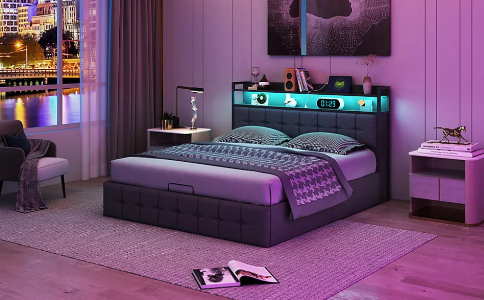 Lit 160x200 avec Sommier, Cadre de lit avec Éclairage LED et 2 Prises CA & 2 Ports USB,Tissu en Lin, Gris