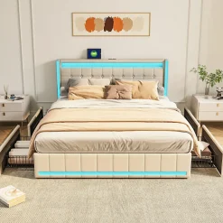 Lit 160x200 Avec Sommier LED Et USB, Lit Coffre 160x200 Avec Lattes Et 4 Tiroirs , Beige