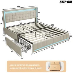 Lit 160x200 avec Sommier LED et USB, Lit Coffre 140x200 avec Lattes et 4 Tiroirs , Beige