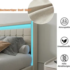 Lit 160x200 avec Sommier LED et USB, Lit Coffre 140x200 avec Lattes et 4 Tiroirs , Beige