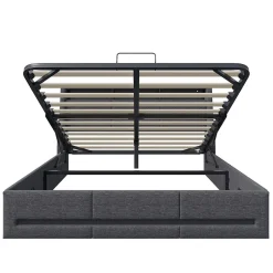 Lit 140x190 avec Sommier LED et USB, Lit Coffre avec Rangement et Tete de Lit, lit 2 persons de Rangement Hydraulique, Gris