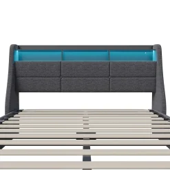 Lit 140x190 avec Sommier LED et USB, Lit Coffre avec Rangement et Tete de Lit, lit 2 persons de Rangement Hydraulique, Gris