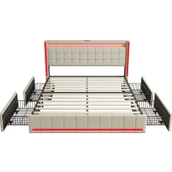 Lit 140x190 avec Sommier LED et USB, Lit Double avec 4 tiroirs, Beige