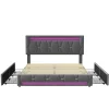 Lit 160x200 avec Sommier LED et USB,Lit capitonné avec 4 tiroirs et Grand Rangement Lit,Gris