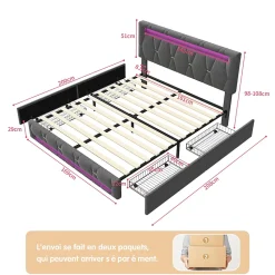 Lit 160x200 avec Sommier LED et USB,Lit capitonné avec 4 tiroirs et Grand Rangement Lit,Gris