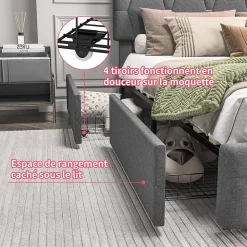 Lit 160x200 avec Sommier LED et USB,Lit capitonné avec 4 tiroirs et Grand Rangement Lit,Gris