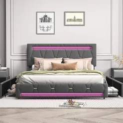 Lit 160x200 avec Sommier LED et USB,Lit capitonné avec 4 tiroirs et Grand Rangement Lit,Gris