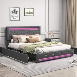 Lit 160x200 avec Sommier LED et USB,Lit capitonné avec 4 tiroirs et Grand Rangement Lit,Gris