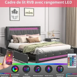 Lit 160x200 avec Sommier LED et USB,Lit capitonné avec 4 tiroirs et Grand Rangement Lit,Gris