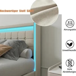 Lit 140x200 Avec Sommier LED Et USB, Lit Coffre 140x200 Avec Lattes Et 4 Tiroirs , Beige