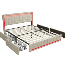 Lit 140x200 Avec Sommier LED Et USB, Lit Coffre 140x200 Avec Lattes Et 4 Tiroirs , Beige