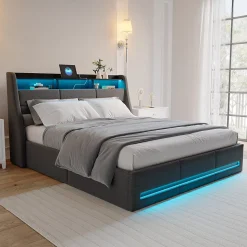 Lit 160x200 avec Sommier LED et USB, Lit Coffre avec Rangement et Tete de Lit, lit 2 persons de Rangement Hydraulique, Gris