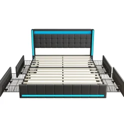 Lit 180x200 Avec Sommier LED Et USB, Lit Coffre 140x200 Avec Lattes Et 4 Tiroirs , Gris