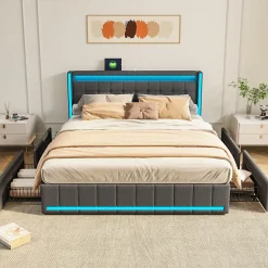 Lit 180x200 Avec Sommier LED Et USB, Lit Coffre 140x200 Avec Lattes Et 4 Tiroirs , Gris