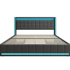 Lit 180x200 Avec Sommier LED Et USB, Lit Coffre 140x200 Avec Lattes Et 4 Tiroirs , Gris