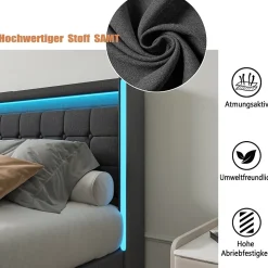 Lit 180x200 Avec Sommier LED Et USB, Lit Coffre 140x200 Avec Lattes Et 4 Tiroirs , Gris