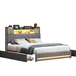 Lit 160x200 avec Sommier LED et USB, Lit Coffre avec 4 Tiroirs et Rangement Tête Delit, Gris