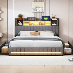 Lit 160x200 avec Sommier LED et USB, Lit Coffre avec 4 Tiroirs et Rangement Tête Delit, Gris