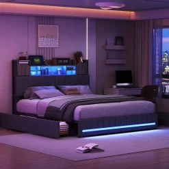 Lit 160x200 avec Sommier LED et USB, Lit Coffre avec 4 Tiroirs et Rangement Tête Delit, Gris