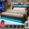 Lit 140x190 Avec Sommier LED Et Charge USB, Avec 4 Tiroirs Et Tête De Lit De Rangement, Lin, Gris