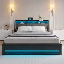 Lit 140x190 Avec Sommier LED Et Charge USB, Avec 4 Tiroirs Et Tête De Lit De Rangement, Lin, Gris