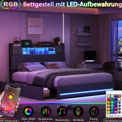 Lit 140x190 avec Sommier LED et USB, Lit Coffre avec 4 Tiroirs et Rangement Tête Delit, Gris