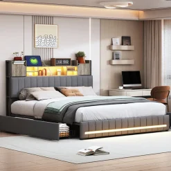 Lit 140x190 avec Sommier LED et USB, Lit Coffre avec 4 Tiroirs et Rangement Tête Delit, Gris