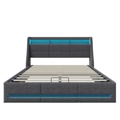 Lit 140x190 avec Sommier LED et USB, Lit Coffre avec Rangement et Tete de Lit, Gris