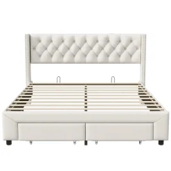 Lit 160x200 avec Sommier, Lit Coffre avec 2 Tiroirs et Hydraulique Rangement, Lits Double Rembourré en Velours,Beige