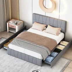 Lit 160x200, Cadre De Lit Avec Tête De Lit Capitonnée Réglable En Hauteur, 4 Tiroirs, Gris