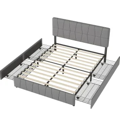 Lit 160x200, Cadre De Lit Avec Tête De Lit Capitonnée Réglable En Hauteur, 4 Tiroirs, Gris