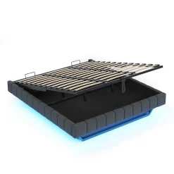 Lit 180x200 cm à effet flottant avec rangement hydraulique, cadre métal robuste, tapissé lin gris, LED