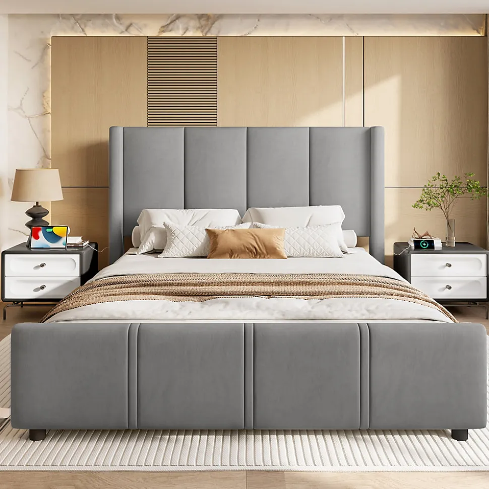 Lit 140x190 cm - tête de lit haute en velours gris foncé, ports USB intégrés, cadre métal & panneau bois